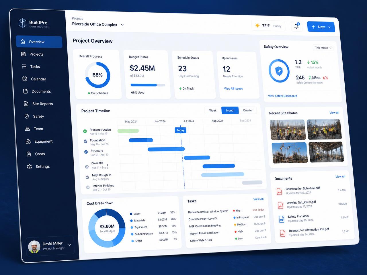 Dashboard Vertex Obras mostrando visão geral de projeto, cronograma e indicadores de segurança